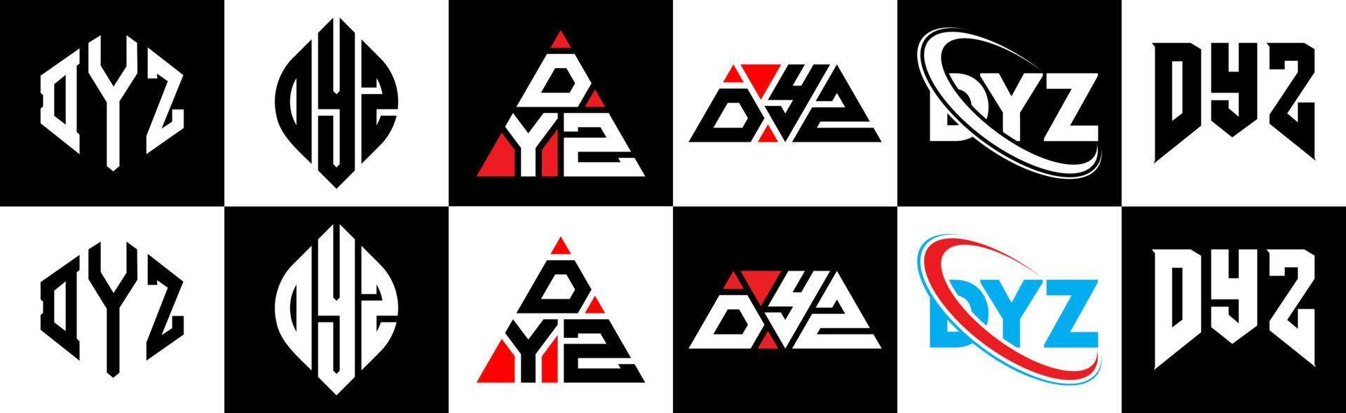 design de logotipo de carta dyz em seis estilo. dyz polígono, círculo, triângulo, hexágono, estilo plano e simples com logotipo de letra de variação de cor preto e branco definido em uma prancheta. dyz logotipo minimalista e clássico vetor