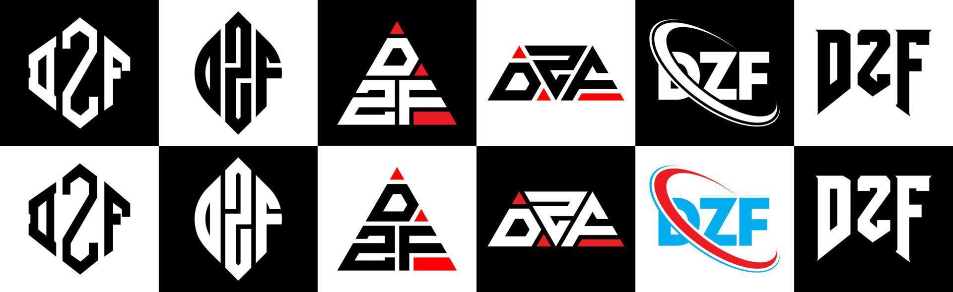 design de logotipo de letra dzf em estilo seis. dzf polígono, círculo, triângulo, hexágono, estilo plano e simples com logotipo de carta de variação de cor preto e branco definido em uma prancheta. dzf logotipo minimalista e clássico vetor