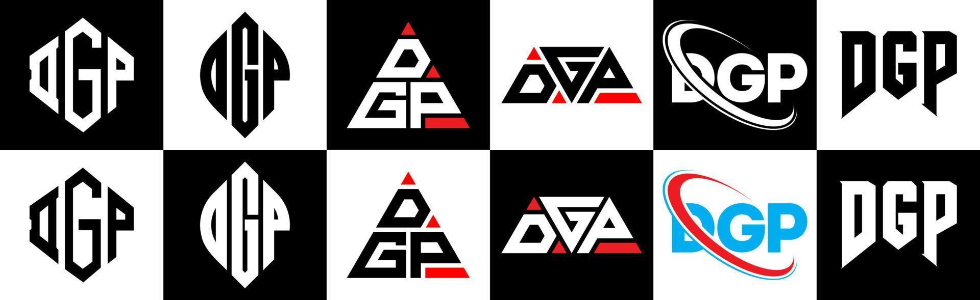 design de logotipo de carta dgp em seis estilo. dgp polígono, círculo, triângulo, hexágono, estilo plano e simples com logotipo de carta de variação de cor preto e branco definido em uma prancheta. dgp logotipo minimalista e clássico vetor