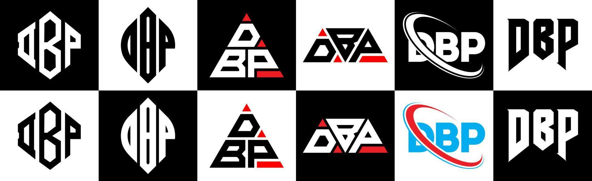 design de logotipo de carta dbp em seis estilo. polígono dbp, círculo, triângulo, hexágono, estilo plano e simples com logotipo de carta de variação de cor preto e branco definido em uma prancheta. dbp logotipo minimalista e clássico vetor