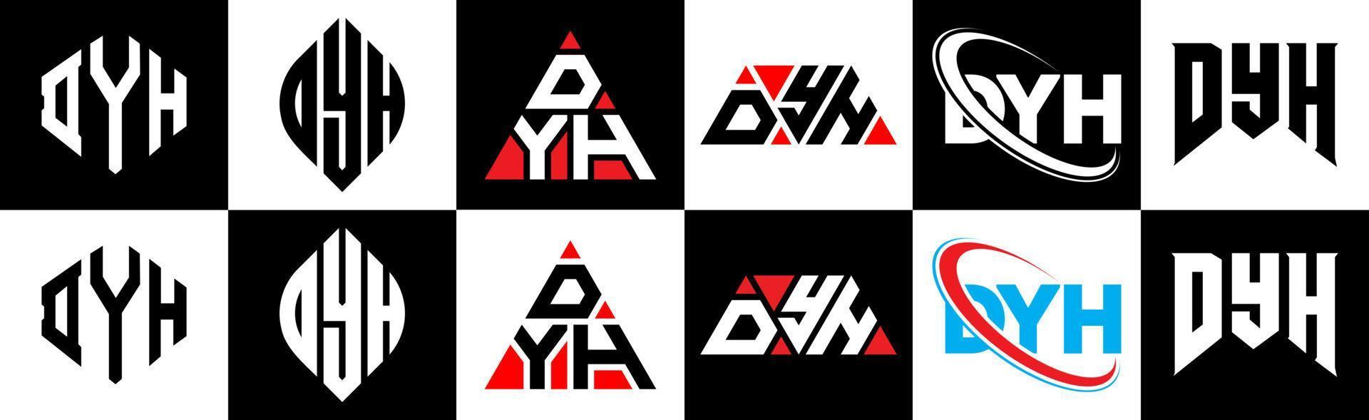 design de logotipo de letra dyh em seis estilo. dyh polígono, círculo, triângulo, hexágono, estilo plano e simples com logotipo de carta de variação de cor preto e branco definido em uma prancheta. dyh logotipo minimalista e clássico vetor