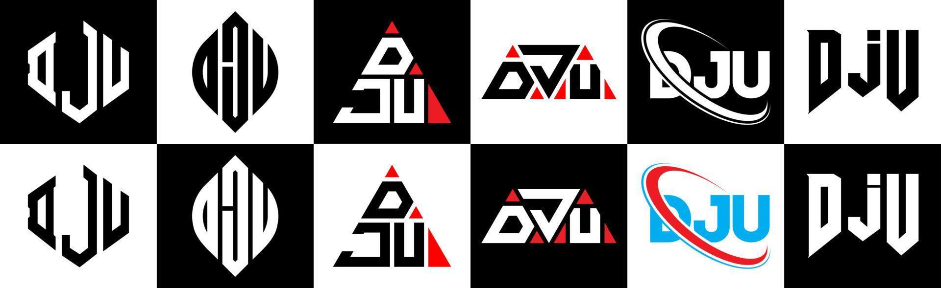 design de logotipo de letra dju em estilo seis. dju polígono, círculo, triângulo, hexágono, estilo plano e simples com logotipo de letra de variação de cor preto e branco definido em uma prancheta. dju logotipo minimalista e clássico vetor