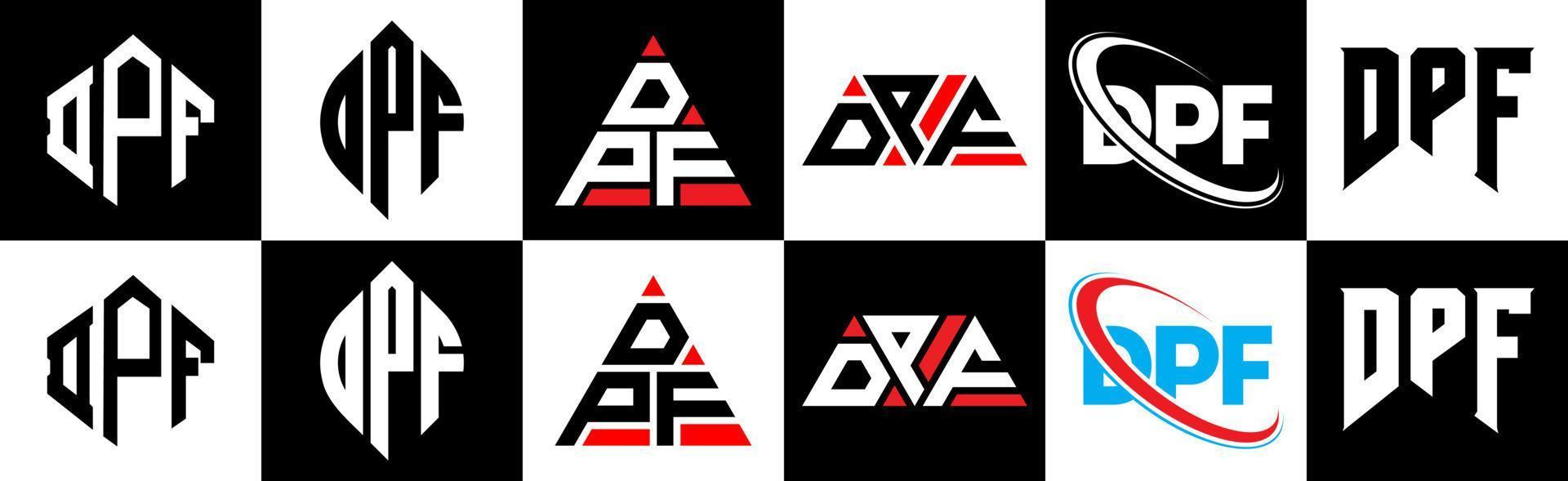 design de logotipo de carta dpf em estilo seis. polígono dpf, círculo, triângulo, hexágono, estilo plano e simples com logotipo de carta de variação de cor preto e branco definido em uma prancheta. dpf logotipo minimalista e clássico vetor