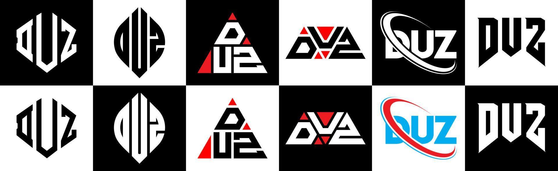 design de logotipo de letra duz em estilo seis. Duz polígono, círculo, triângulo, hexágono, estilo plano e simples com logotipo de letra de variação de cor preto e branco definido em uma prancheta. duz logotipo minimalista e clássico vetor