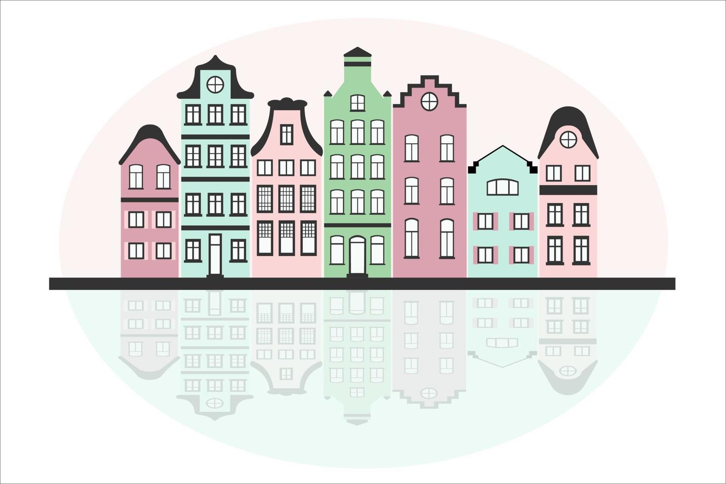 ilustração plana da rua de amsterdã, na Holanda. fachadas estilizadas de edifícios antigos em tons pastel. reflexo das casas no rio vetor