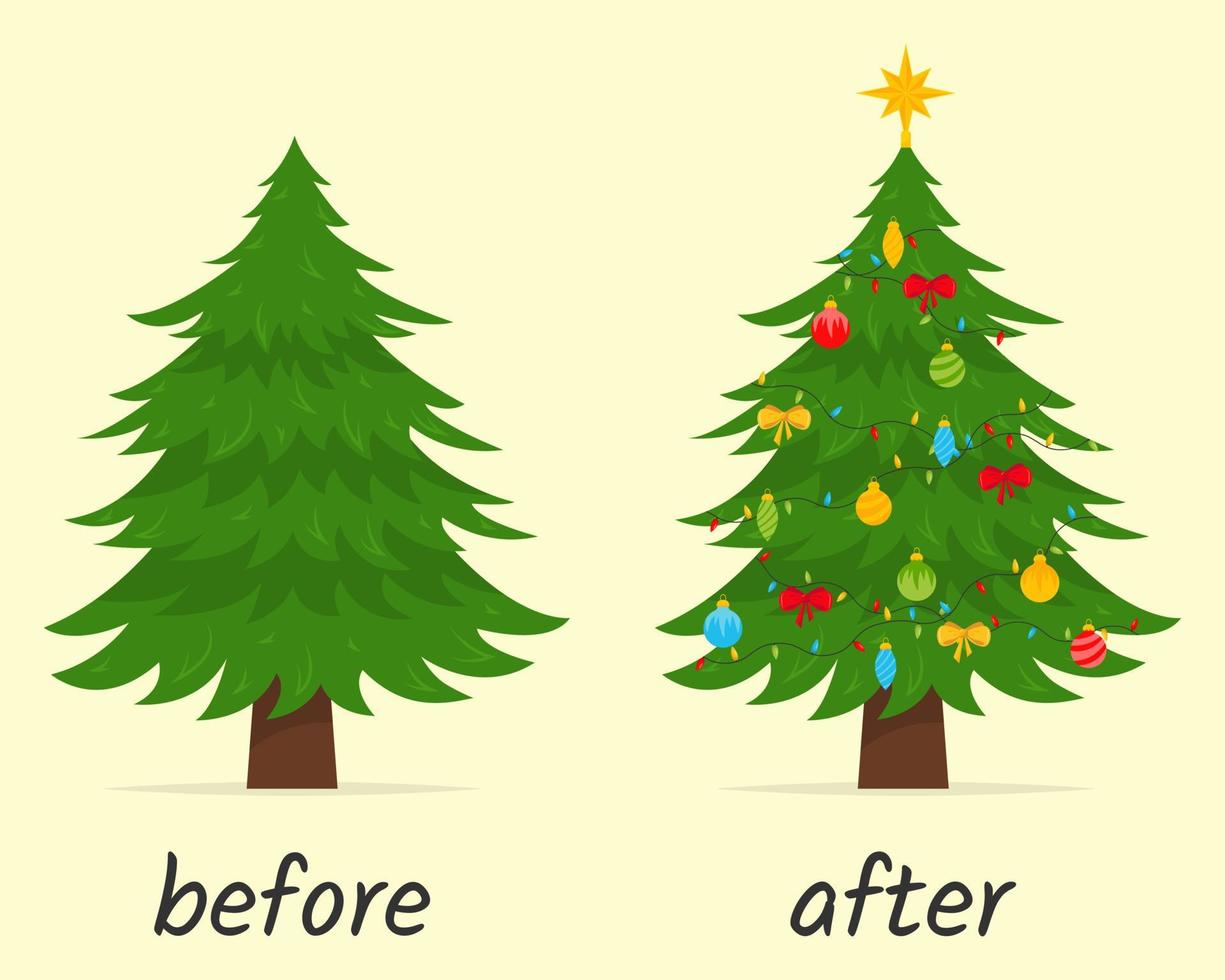 árvore de natal antes e depois da decoração. ilustração vetorial. vetor