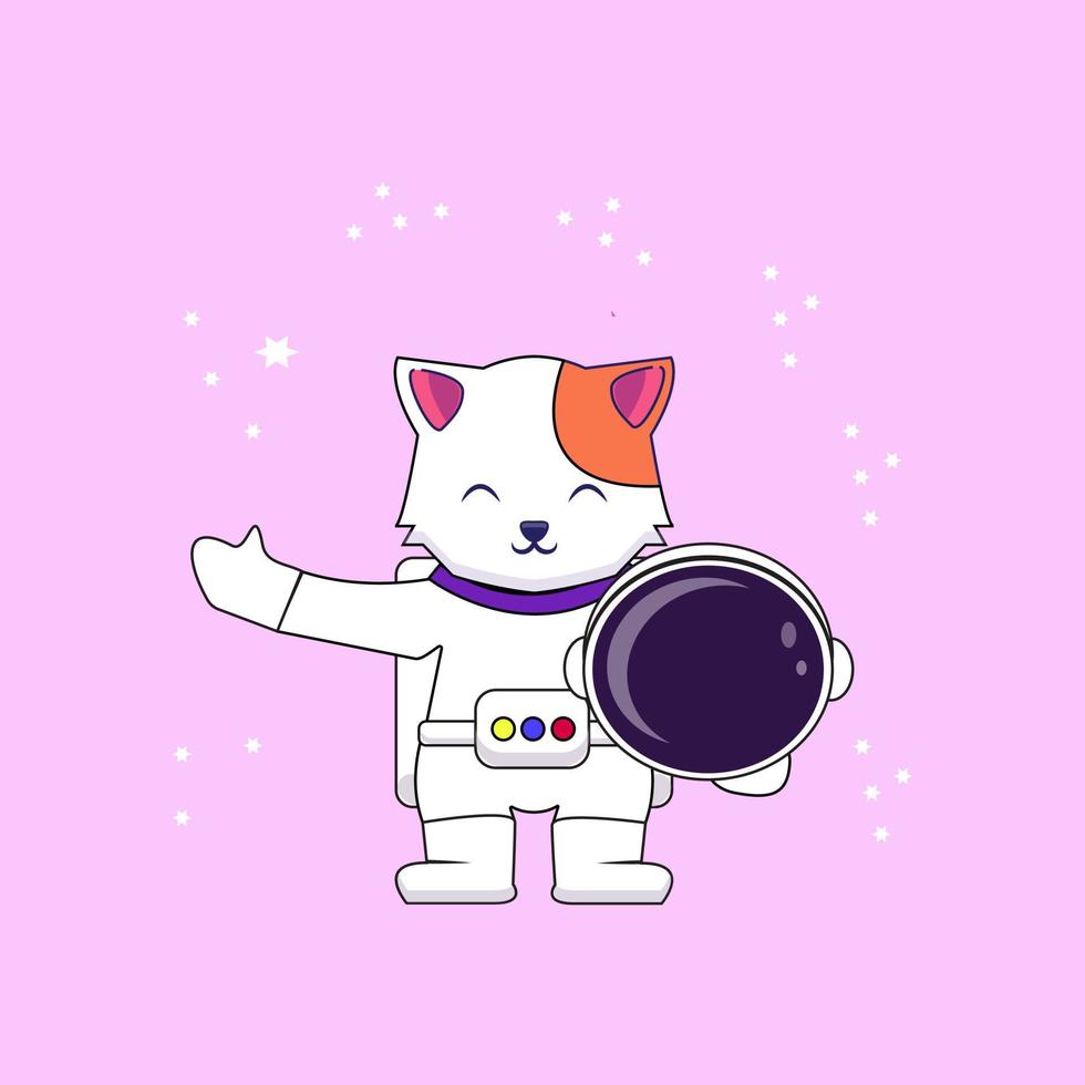 gato astronauta bonito segurando ilustração de ícone de vetor de desenho de capacete. ciência animal ícone conceito isolado vetor premium. estilo de desenho animado plano
