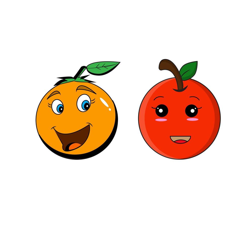 conjunto de rosto de fruta sorridente bonito feliz. coleção de ícone de ilustração de personagem de desenho animado plana kawaii de vetor. conceito de conjunto de emoji de personagem de laranja, maçã, tomate fofo vetor