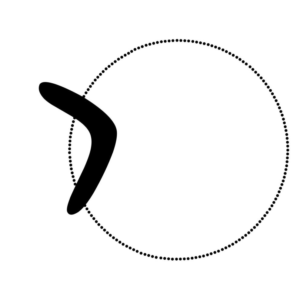 silhueta vetorial de um bumerangue com uma linha de lançamento. círculo preto como caminho de retorno em fundo branco. ótimo para logotipos de karma. vetor