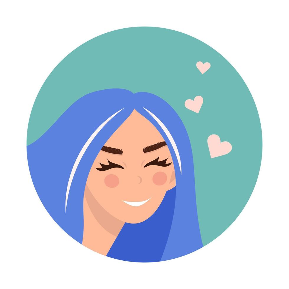 avatar no círculo de uma linda garota sorridente com cabelo azul. ilustração vetorial vetor