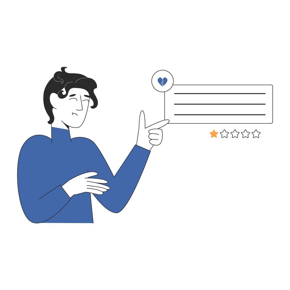 homem dando feedback negativo ao mau serviço. uma estrela de satisfação do cliente. conceito de revisão. ilustração vetorial em estilo simples, isolado no fundo branco vetor