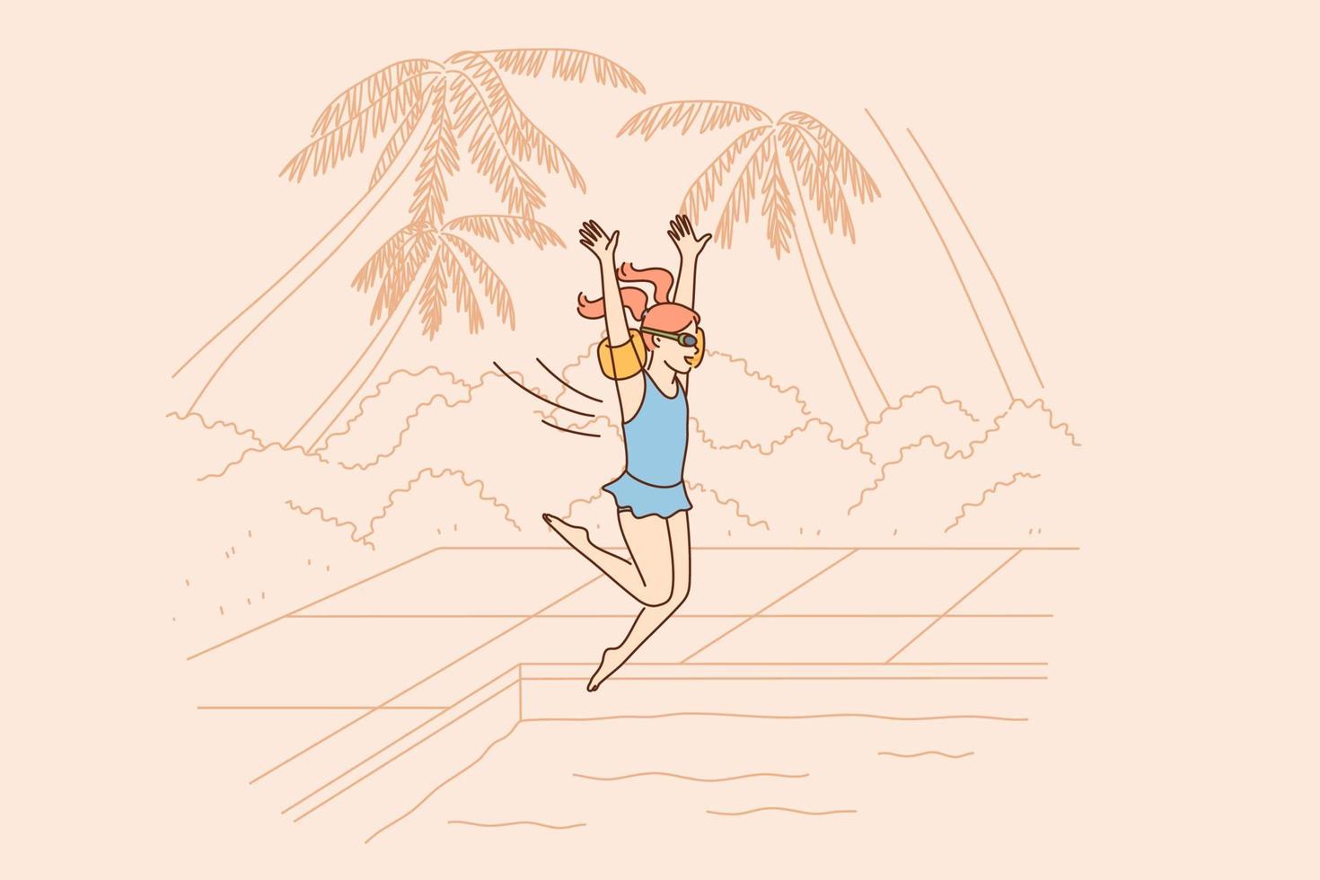 férias de verão e conceito de viagens. personagem de desenho animado jovem sorridente pulando na água da piscina durante a viagem de férias ao ar livre ilustração vetorial vetor