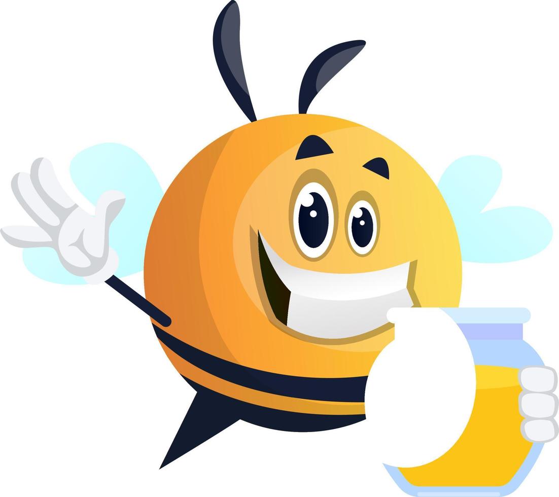 abelha acenando e segurando o pote de mel, ilustração, vetor em fundo branco.