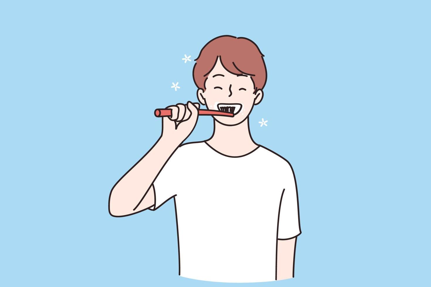 conceito de saúde e higiene dental. jovem personagem de desenho animado menino criança sorridente em pé e limpando os dentes com escova de dentes escovando os dentes com ilustração vetorial de escova de dentes vetor