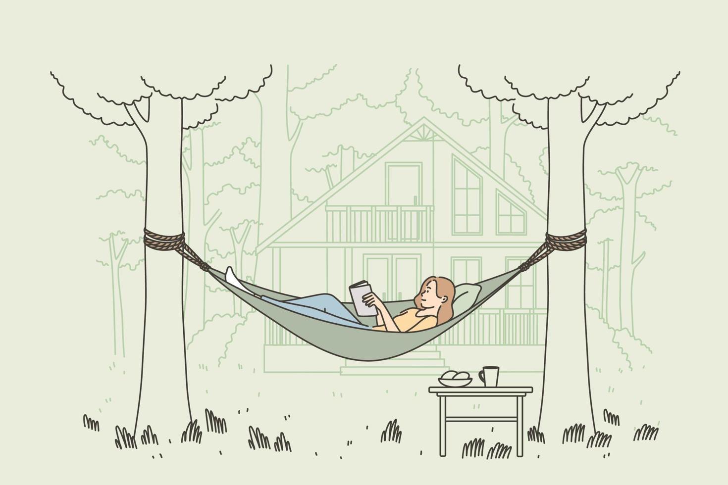 relaxamento, conceito de lazer ao ar livre de verão. personagem de desenho animado de garota feliz relaxando no quintal, deitado na rede e lendo ilustração vetorial de livro vetor