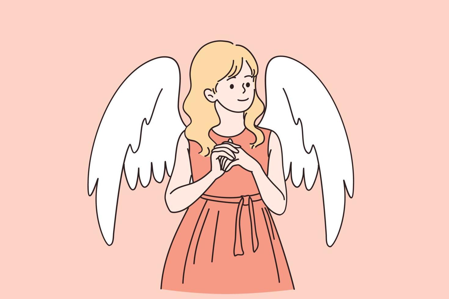 conceito de cartão de dia dos namorados santo. menina bonita loira usando vestido em pé com asas de anjo nas costas parabenizando com ilustração vetorial de férias vetor