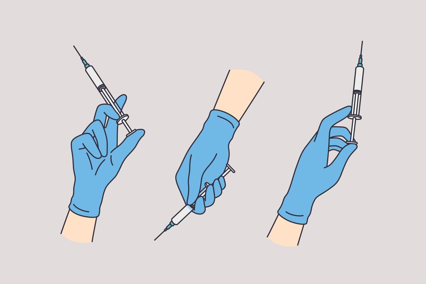 conceito de saúde e medicina. mãos humanas em luvas médicas azuis segurando seringa descartável com agulha sobre ilustração vetorial de fundo cinza vetor