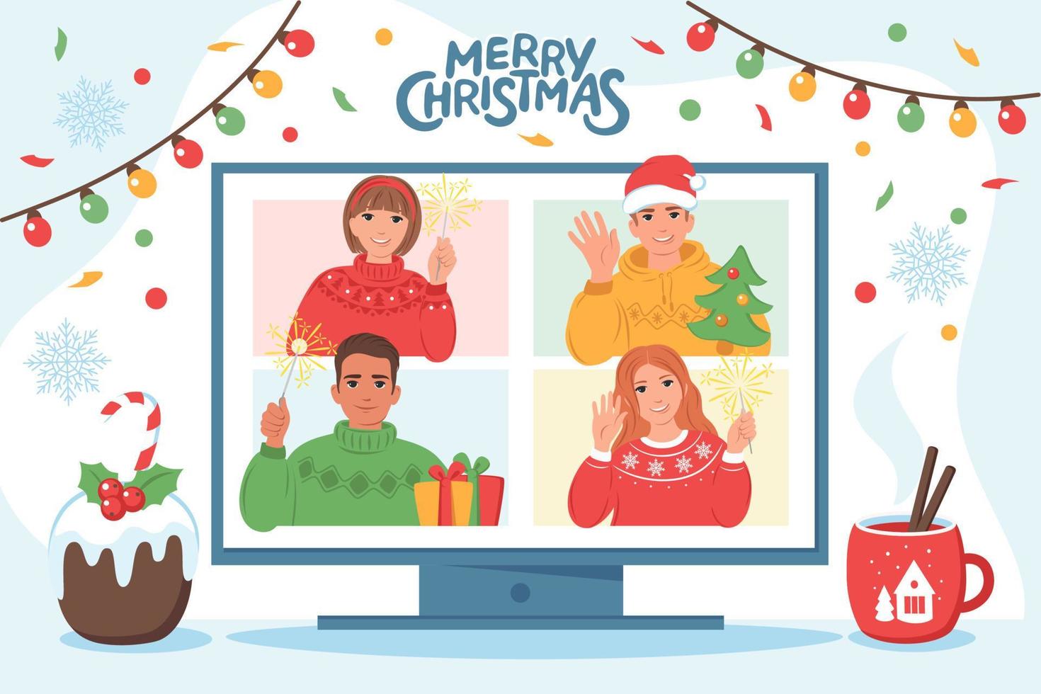 festa de natal on-line. grupo de pessoas diferentes reunidas em videoconferência. ilustração vetorial vetor