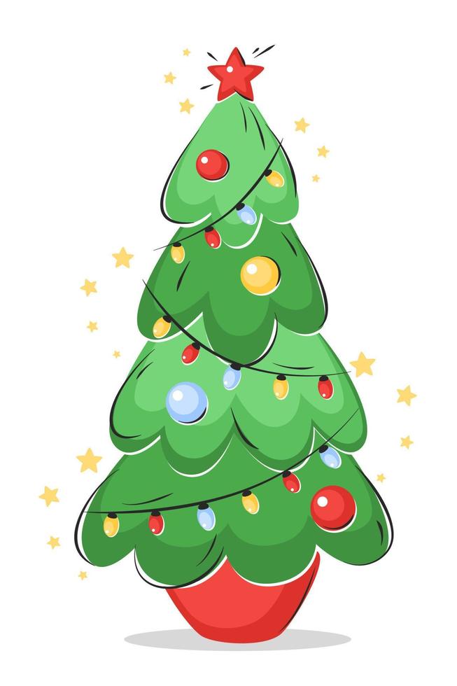 árvore de natal com estrela, luzes, bolas de decoração e lâmpadas. Feliz Natal e um Feliz Ano Novo. ilustração vetorial. vetor