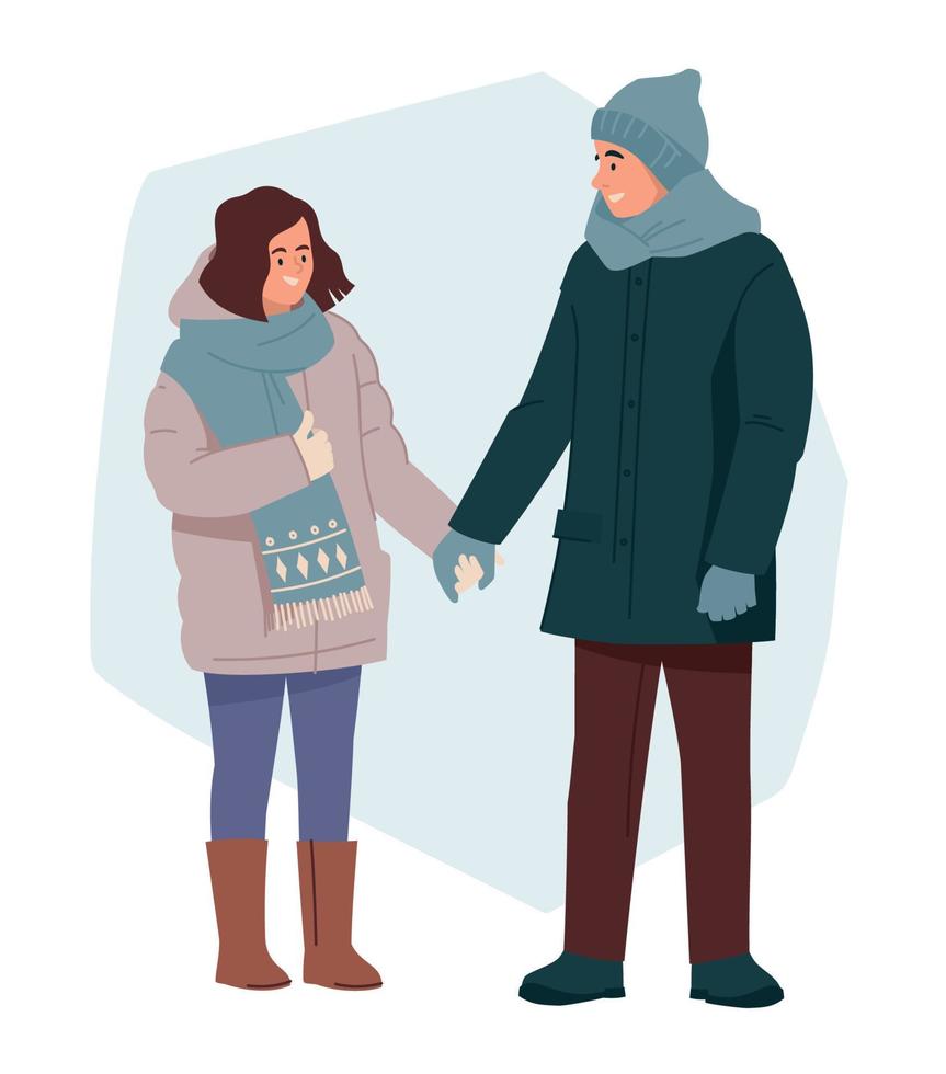 os amantes andam de mãos dadas. homem e mulher com roupas de inverno. inverno e amor. imagem vetorial. vetor