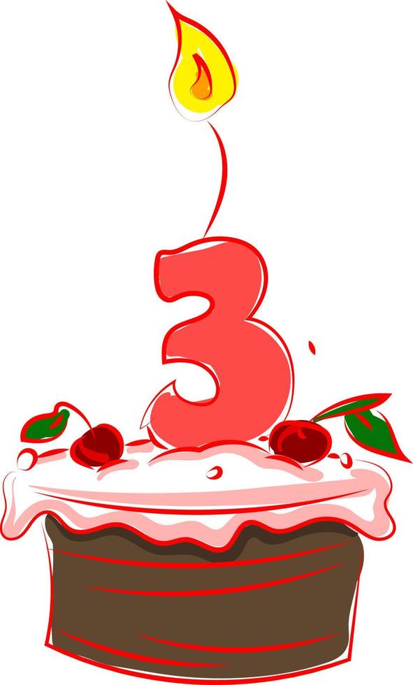 bolo de aniversário com número três, ilustração, vetor em fundo branco.