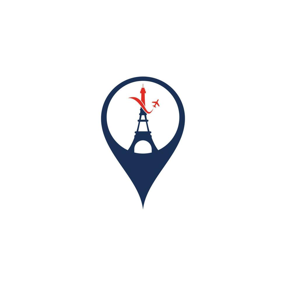 design de logotipo de conceito de forma de pino de mapa de viagens frança. torre eiffel de paris com avião para design de logotipo de viagem vetor