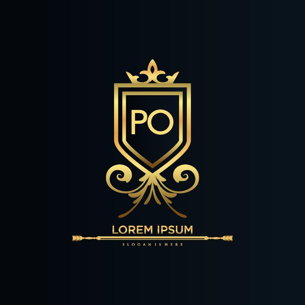 po carta inicial com royal template.elegant com vetor de logotipo de coroa, ilustração em vetor de logotipo de letras criativas.