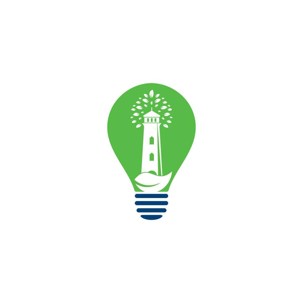 design de modelo de logotipo de conceito de forma de lâmpada de farol verde. modelo de logotipo de folha e farol vetor
