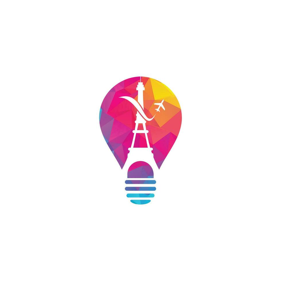 design de logotipo de conceito de forma de bulbo de viagens frança. torre eiffel de paris com avião para design de logotipo de viagem vetor