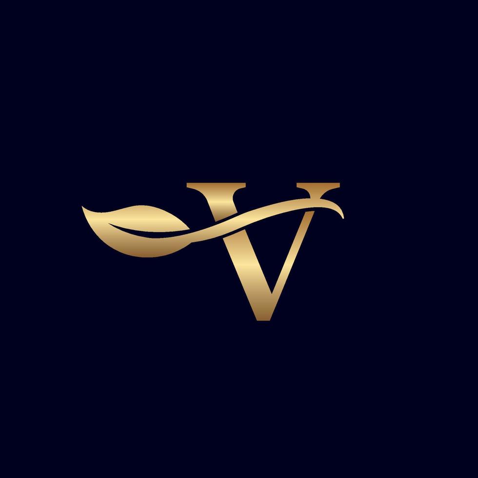 logotipo de ouro v com folha vetor