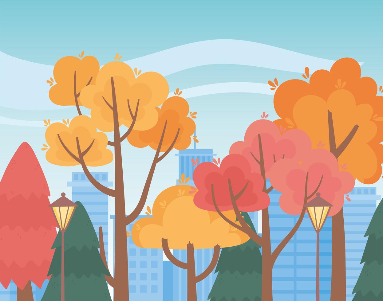 paisagem no outono. árvores do parque, lâmpadas e paisagem urbana vetor