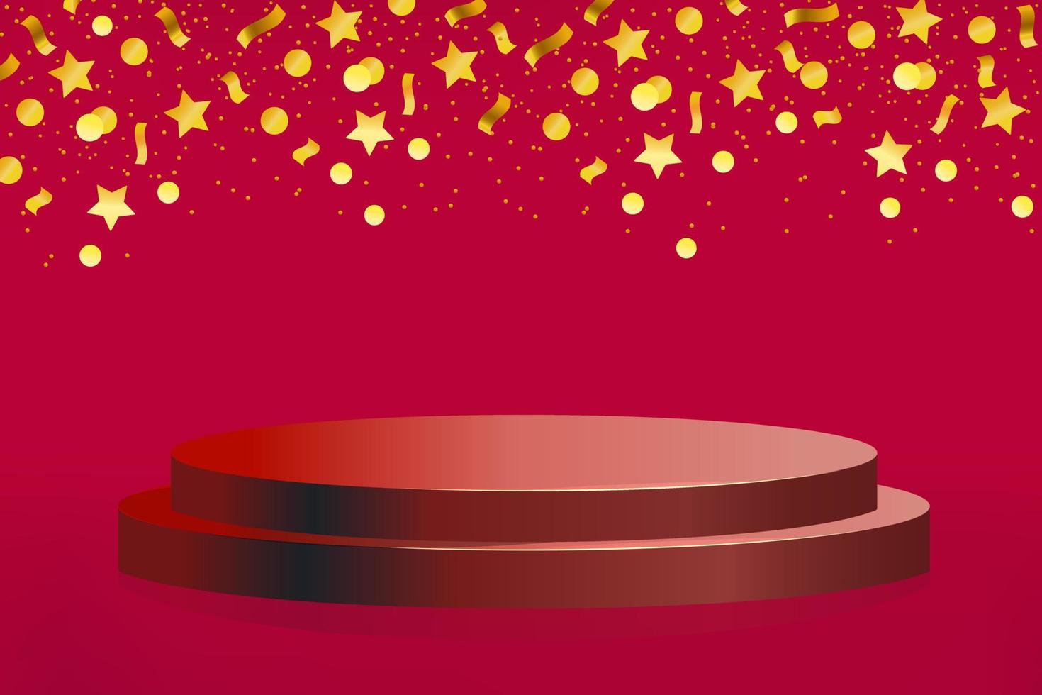 pódio com fitas de estrelas de círculos em um fundo vermelho horizontal. estilo 3D. pódio de palco. projeto de ouro. ilustração vetorial. vetor