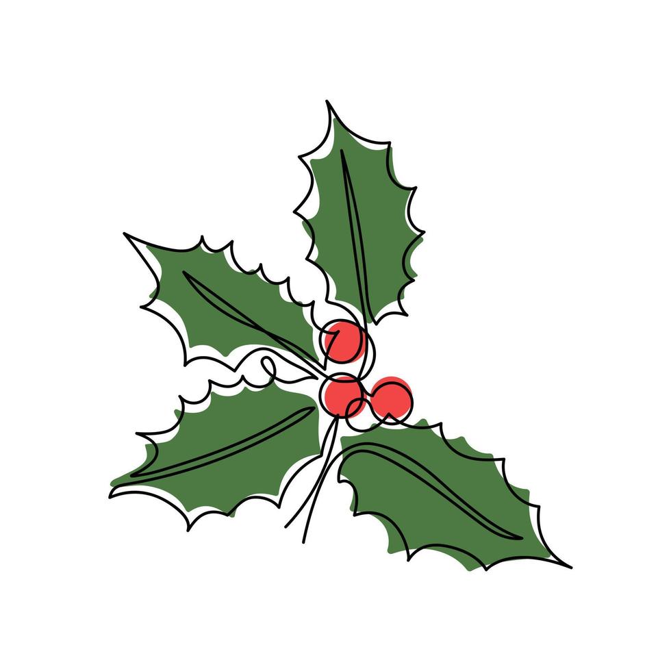 uma linha desenhando folhas de bagas de azevinho. arte moderna de linha contínua, contorno estético. planta de natal para cartões, estampas de camiseta, pôster, adesivo, logotipo. ilustração vetorial vetor