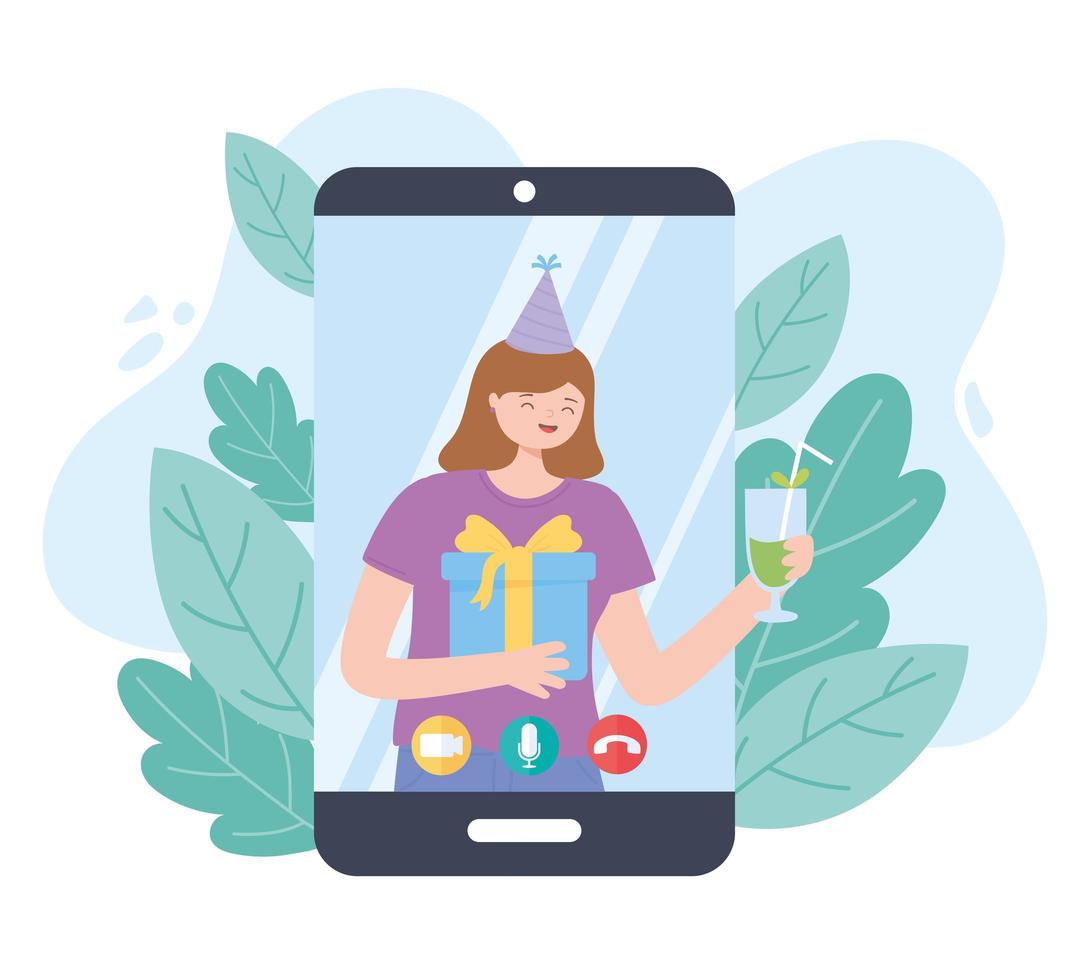 festa online. menina comemorando com presente por smartphone vetor