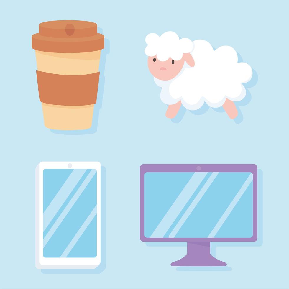 insônia. ícones de ovelhas, computador, celular e xícara de café vetor