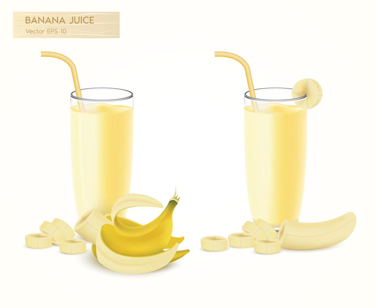 Conjunto realista de suco de banana e frutas vetor