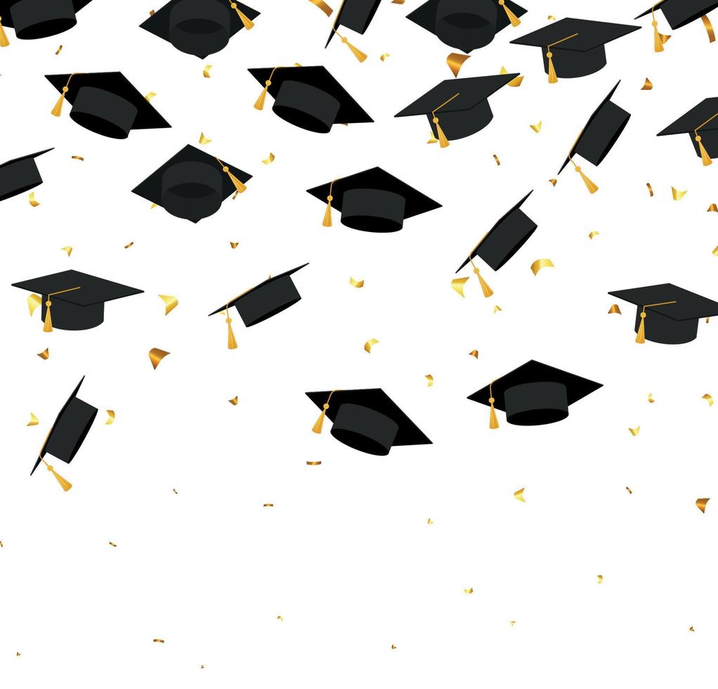 graduação. fundo transparente com balões de confete de bonés de grau preto voador realista e diplomas. imagem vetorial banner de educação escolar e universitária com glitter dourado sobre fundo branco vetor