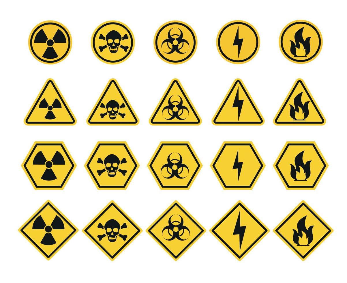 sinal amarelo do círculo de aviso de perigo. sinal de radiação, sinal tóxico e ícone de vetor de risco biológico isolado no fundo branco.