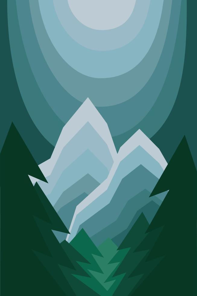paisagem com duas montanhas e floresta. paisagem abstrata com montanhas e uma floresta em primeiro plano em tons de azul esverdeado. ilustração vetorial dos desenhos animados. vetor
