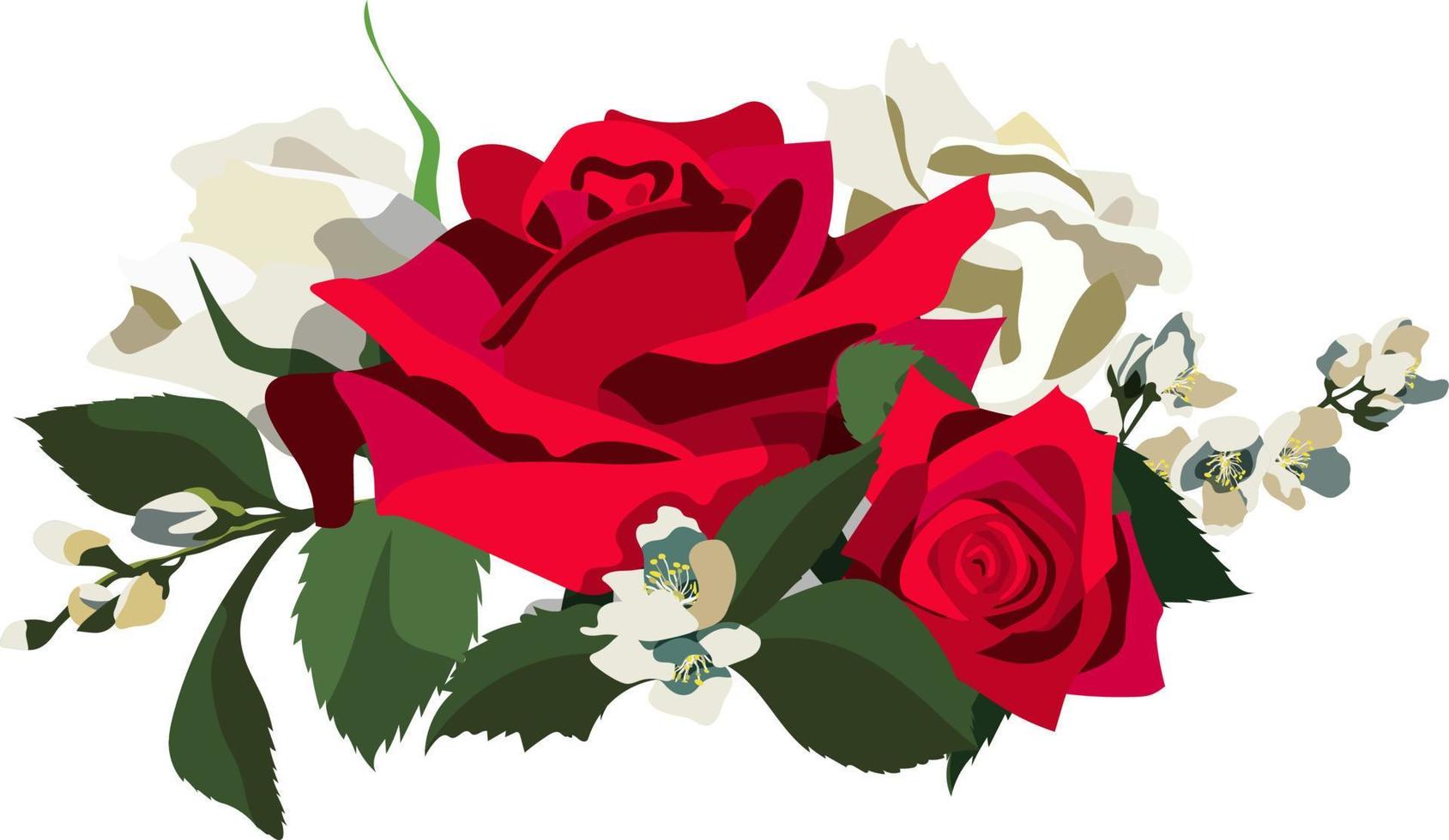 fundo floral estilo vintage com rosas vermelhas e brancas, folhas e ramos de jasmim. isolado no fundo branco vetor