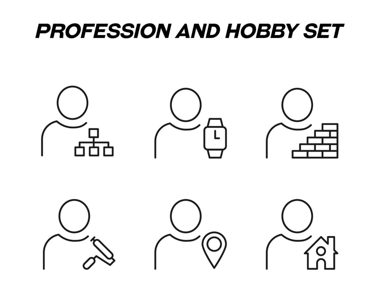 sinais monocromáticos em estilo simples para lojas, lojas, sites. traço editável. ícone de linha vetorial definido com símbolos de mapa, relógio, parede de tijolos, rolo de pintura, geotag, casa por pessoa vetor