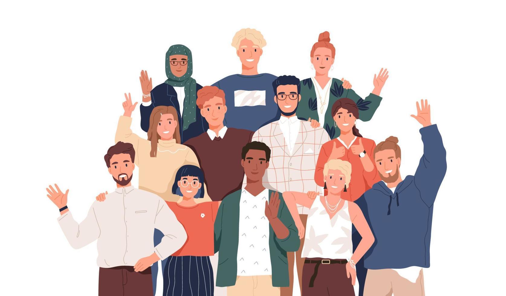 ilustração em vetor plana equipe multicultural. Unidade na diversidade. pessoas de diferentes nacionalidades e religiões personagens de desenhos animados. sociedade multinacional. trabalho em equipe, cooperação, conceito de amizade.