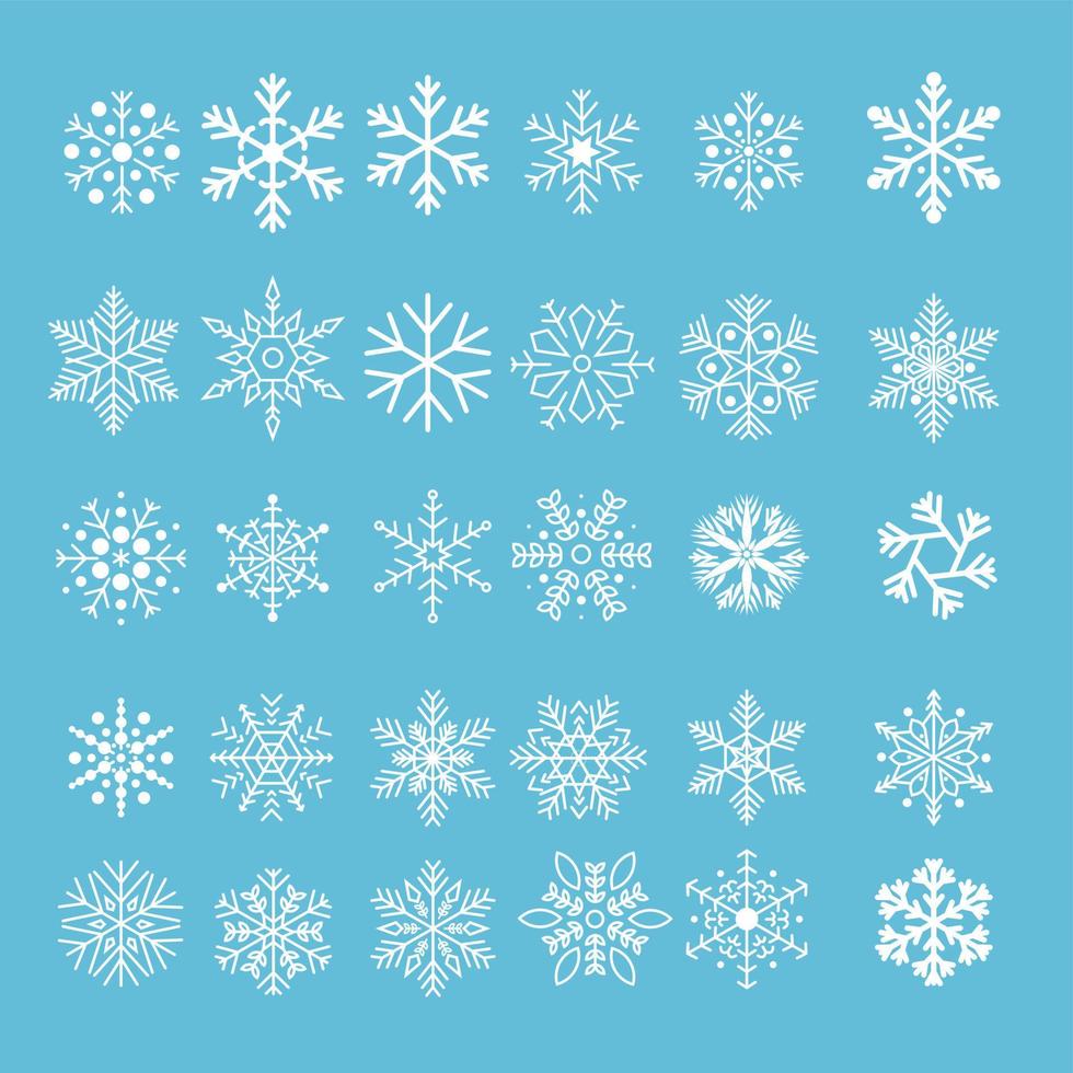 flocos de neve conjunto pacote natal e temporada de inverno vetor
