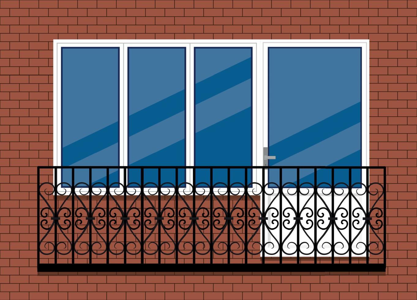 janela de pvc de plástico branco com porta e varanda com trilho de varanda de metal preto, vista frontal. isolado em um fundo de parede de tijolo marrom vermelho. design plano de estilo cartoon. vetor