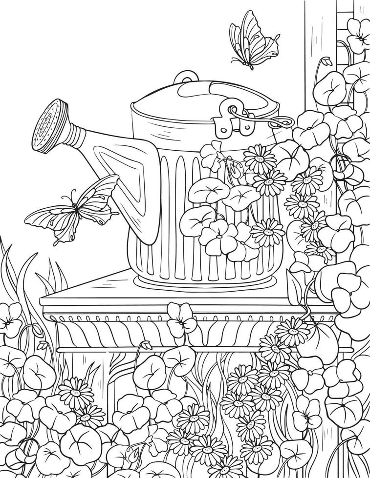 regador de jardim com flores. desenho vetorial preto e branco. para livros de colorir e para design. vetor