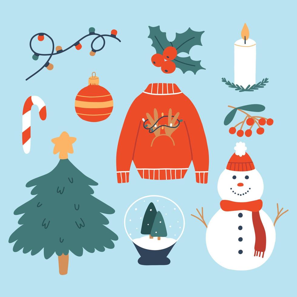 conjunto de elementos de inverno. coleção de elementos de natal abeto, boneco de neve, camisola, vela, guirlanda. estilo plano. vector illustration.cozy tempo.