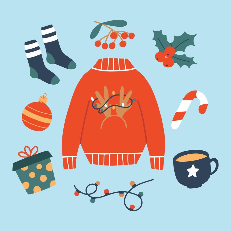 conjunto de elementos de inverno. coleção de objetos de natal. ilustração vetorial. style.sweater plano, meias, azevinho, presente, brinquedo de natal. vetor