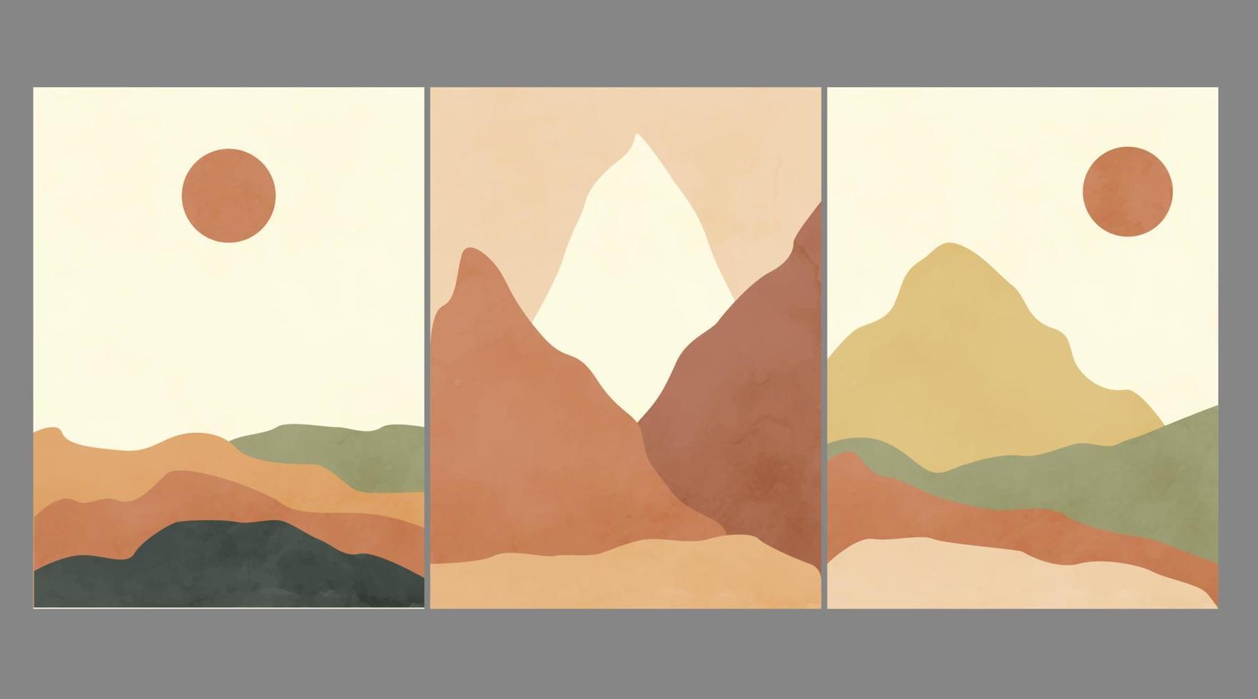 cartazes de paisagem minimalista abstrato moderno. deserto, montanhas, sol e lua. cena diurna e noturna. cores pastel, tons de terra. impressão de arte boho de meados do século. projeto plano. ilustração vetorial de estoque vetor