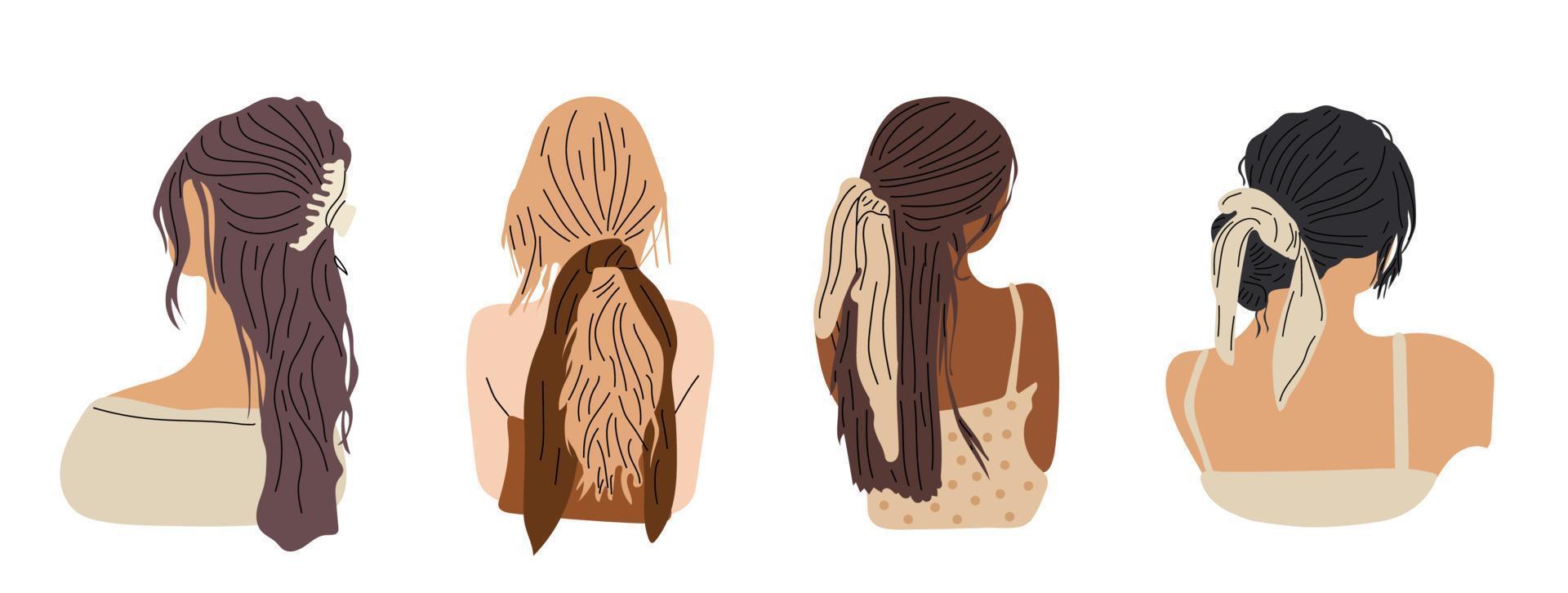 conjunto de jovens com vários cortes de cabelo e acessórios. olhe por trás. visão traseira. mulheres vestidas com roupas diferentes. cabeças e ombros. conceito de salão de beleza. ilustração vetorial desenhada à mão vetor