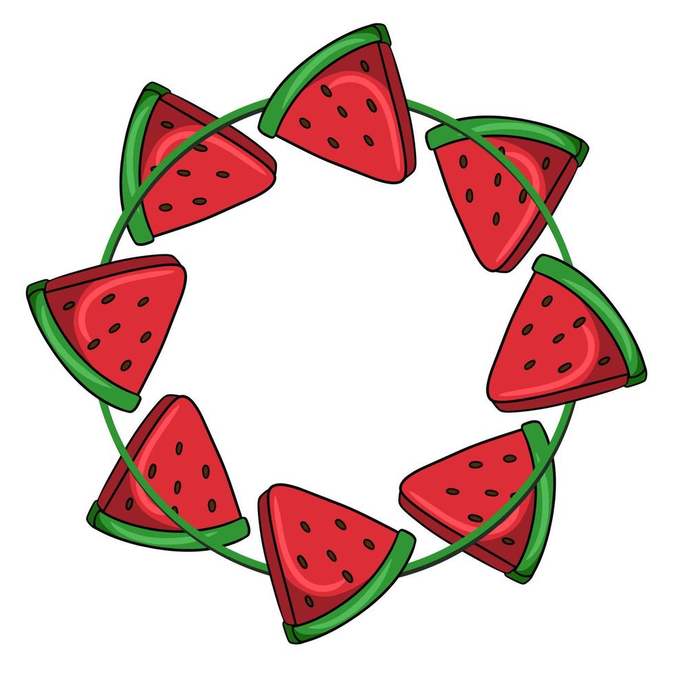 moldura simétrica redonda, pedaços triangulares de melancia suculenta, espaço de cópia, ilustração vetorial em estilo cartoon em um fundo branco vetor